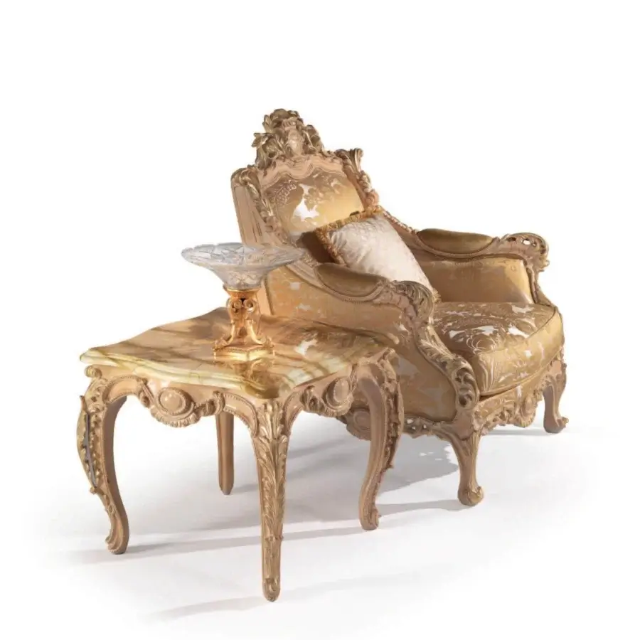 Distinguished Armando Rho A1364 side table crafted in light cherry wood with gold leaf detailing and richly veined marble-like tabletop