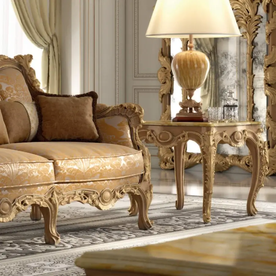 Lavish Armando Rho A1364 side table in light cherry wood with gold leaf detailing and a marble surface