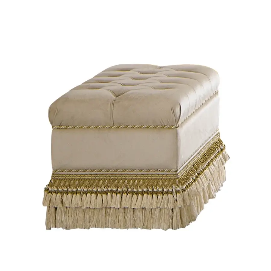 Superior Modenese Royal Blend ottoman in sumptuous white velvet with refined tufting and elegant gold trim