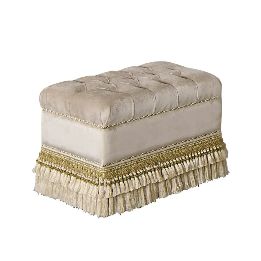 Exquisite Modenese Royal Blend ottoman in lavish white velvet with gold-toned braided trim and tufted detailing