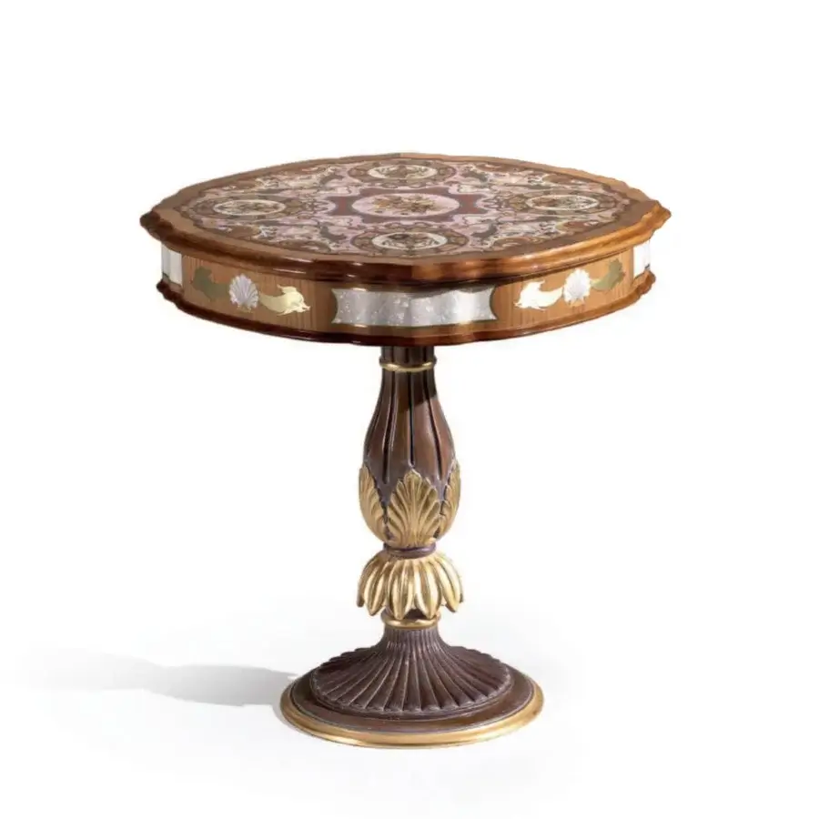 Distinguished Armando Rho A1366 side table crafted in cherry wood and walnut Persian burl with mother of pearl inlays and satin brass accents