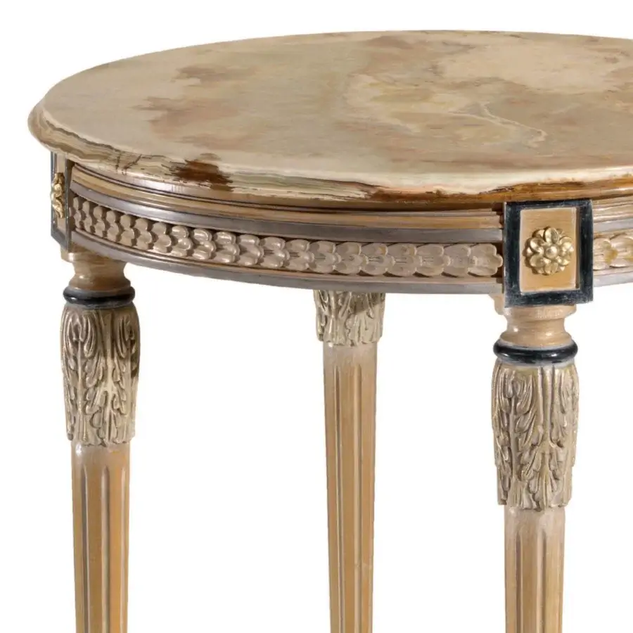 Elegant Armando Rho A1423 side table in antique walnut with delicate distressed gold leaf and a striking green onyx top