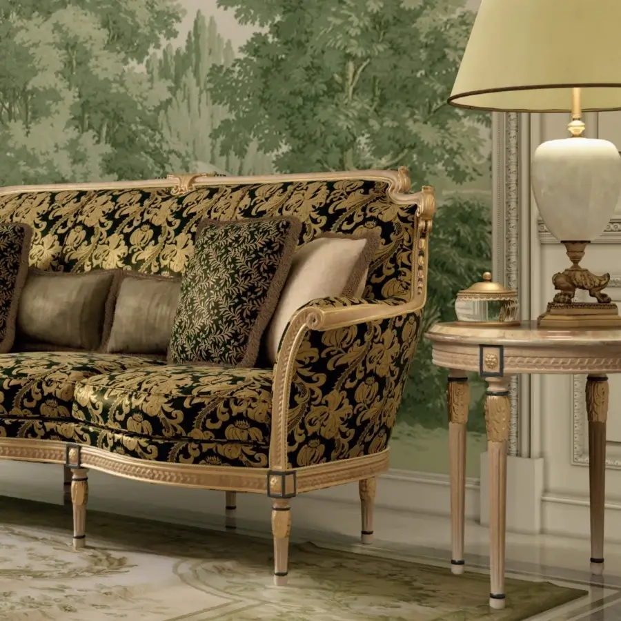 Distinguished Armando Rho A1423 side table in antique walnut with jewel-like green onyx and decappè effect