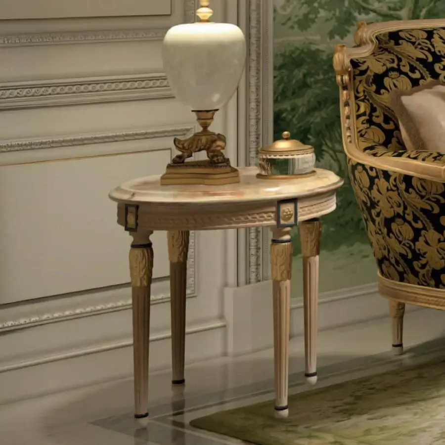 Superior Armando Rho A1423 side table in antique walnut with decappè effect and jewel-like green onyx top crafted in Italy