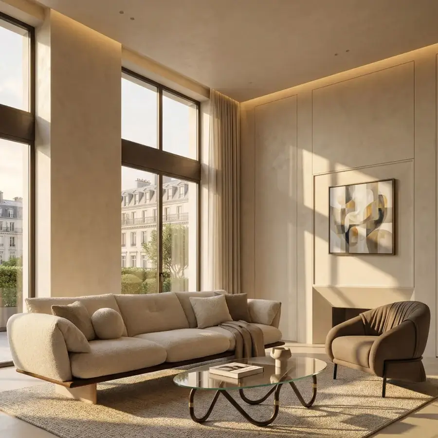 Distinguished Borzalino Sidney armchair with relaxed organic form and soft silhouette in textured matte beige textile crafted in Italy