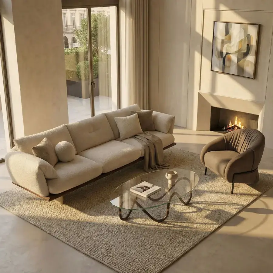 Superior Borzalino Sidney armchair with sculpted form and inviting proportions in textured matte beige textile crafted in Italy