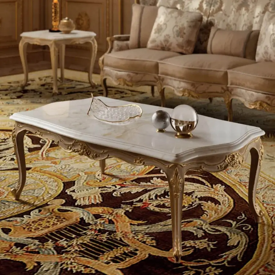 Distinguished Armando Rho A1410 coffee table with French Louis XV–style design in natural oak and marble, enhanced by gold leaf accents