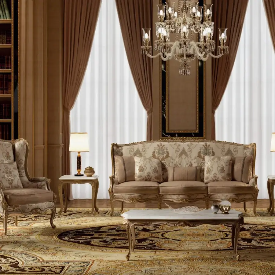 Elegant Armando Rho A1410 coffee table with French Louis XV–style design in natural oak and marble, enhanced with gold leaf accents