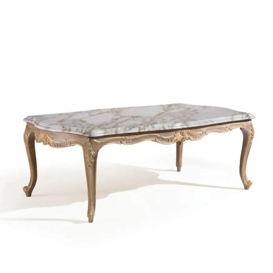 Distinguished Armando Rho A1410 coffee table with natural oak tone and marble top crafted with gold leaf accents in French Louis XV–style