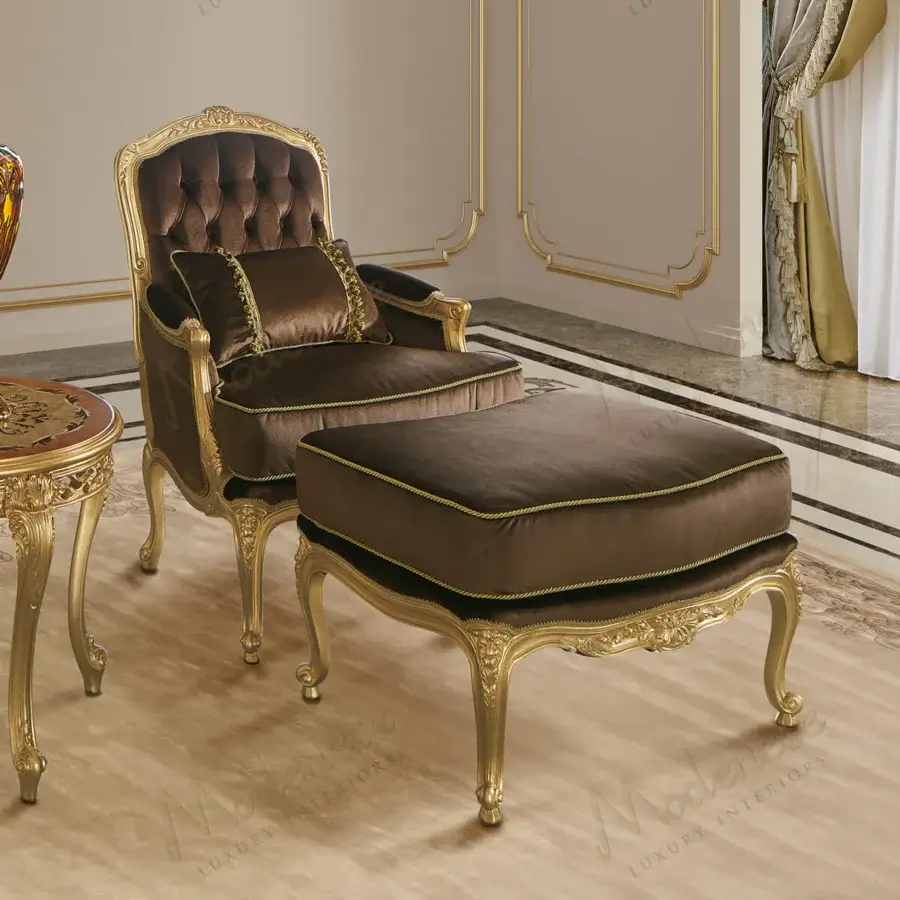 Lavish Modenese Royal Blend lounge chair with deep brown velvet upholstery and hand-carved gold-leaf wooden frame