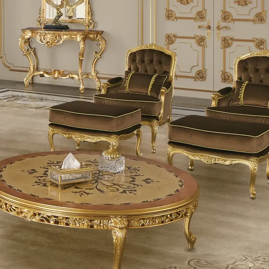 Exquisite Modenese Royal Blend lounge chair with deep brown velvet upholstery and hand-carved gold-leaf wooden frame