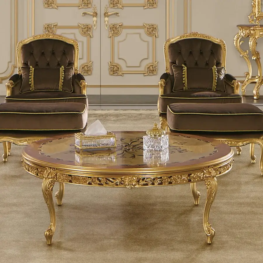 Superior Modenese Royal Blend lounge chair with deep brown velvet upholstery and hand-carved gold-leaf wooden frame