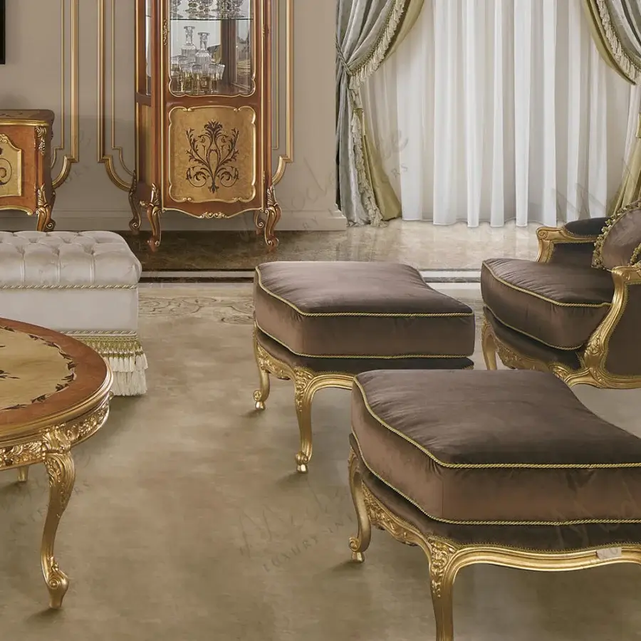 Distinguished Modenese Royal Blend lounge chair with deep brown velvet upholstery and hand-carved gold-leaf wooden frame crafted with satin wood detailing