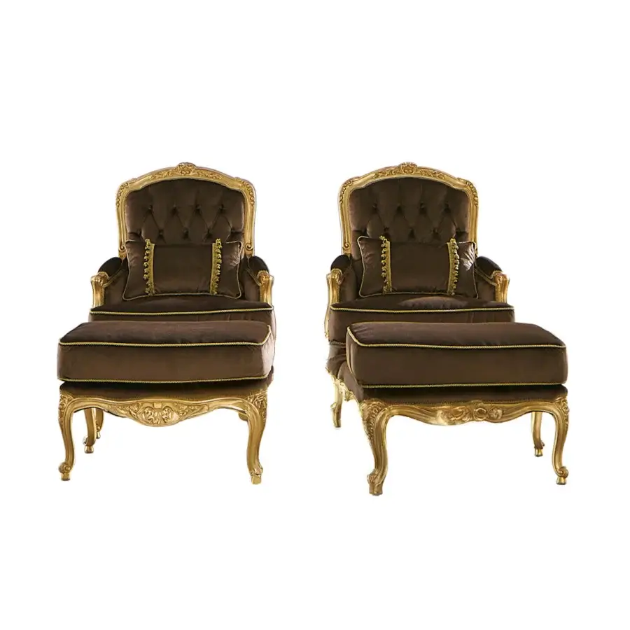 Lavish Modenese Royal Blend lounge chair in deep brown velvet upholstery with hand-carved gold-leaf wooden frame