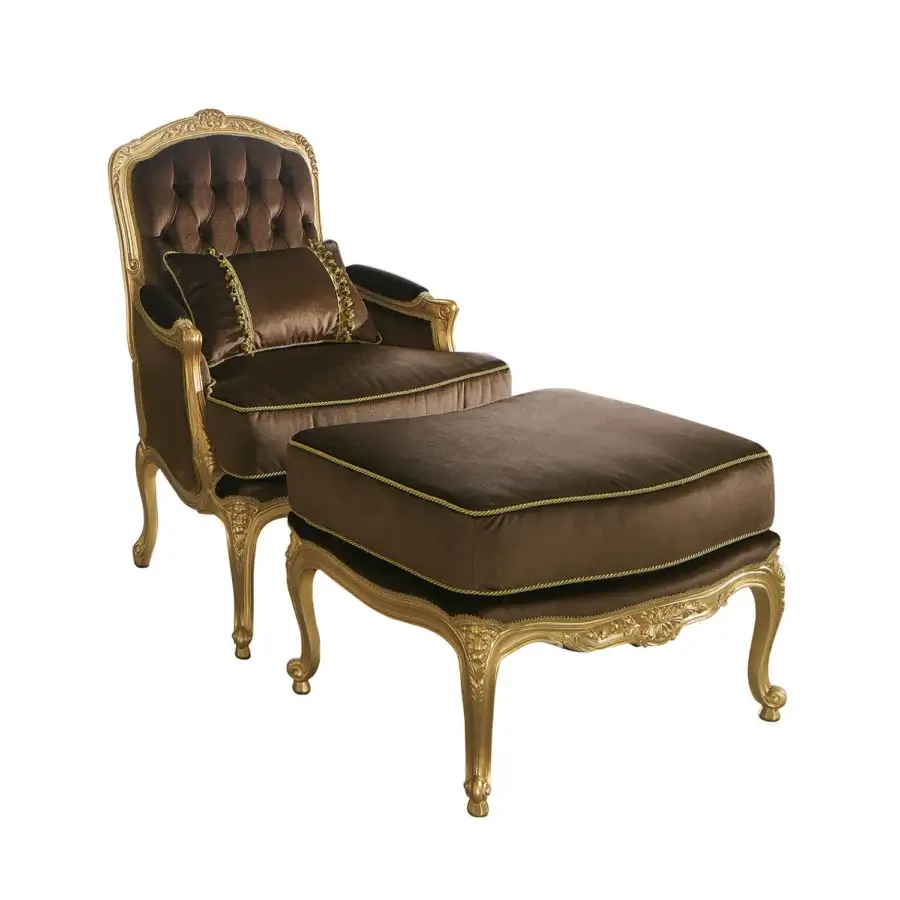 Exquisite Modenese Royal Blend lounge chair with deep brown velvet upholstery and hand-carved gold-leaf wooden frame
