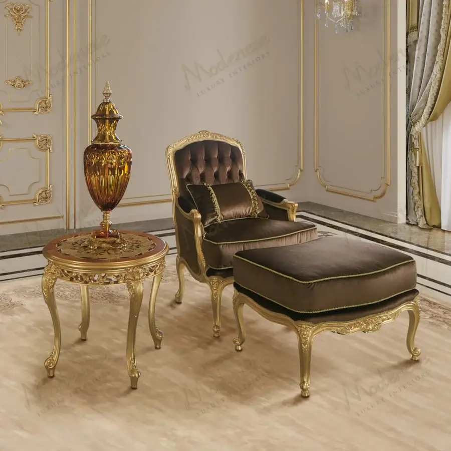 Lavish Modenese Royal Blend lounge chair with deep brown velvet upholstery and hand-carved gold-leaf wooden frame