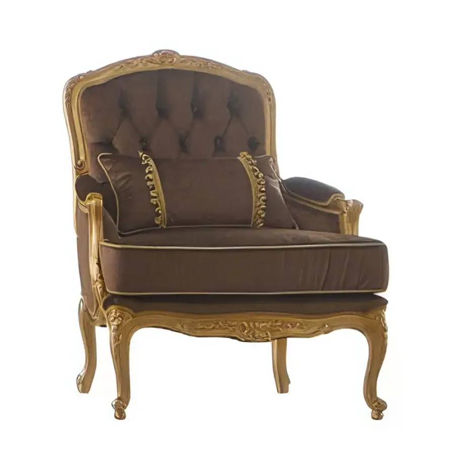 Superior Modenese Royal Blend lounge chair with deep brown velvet upholstery and hand-carved gold-leaf wooden frame