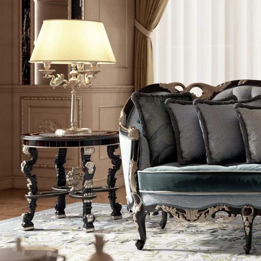 Distinguished Armando Rho A1386 side table with ebony wood top, antique silver leaf detailing and black distressed finish