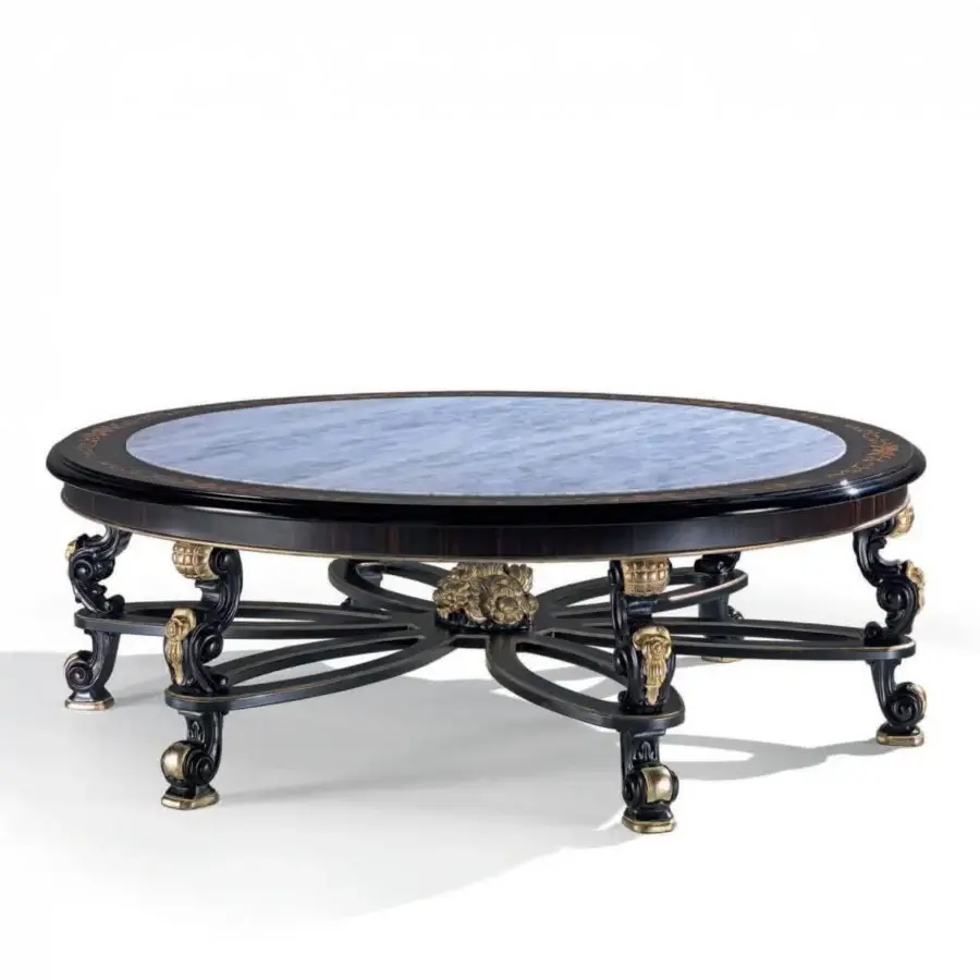 Exquisite Armando Rho A1385 coffee table with dark ebony wood, marble insert and black distressed base enriched with antique silver leaf