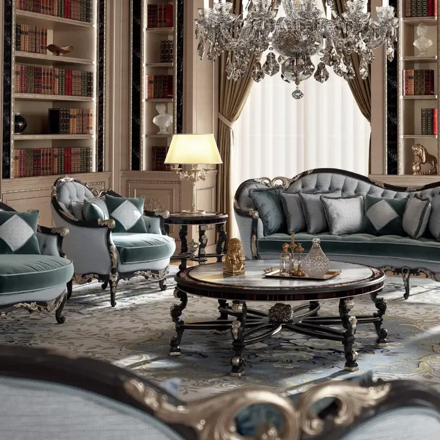 Distinguished Armando Rho A1385 coffee table with ebony wood, marble, and a black distressed finish enriched with antique silver leaf accents