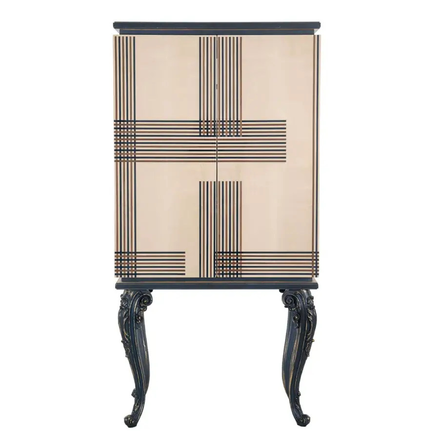 Exceptional BelMondo by Bellotti Ezio bar cabinet crafted with maple, canaletto walnut, and blue Bolivar inlays in glossy lacquer finish