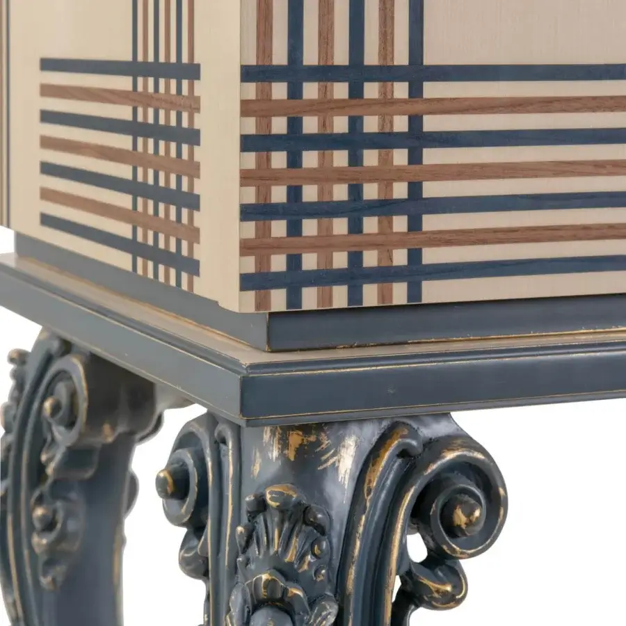 Distinguished BelMondo by Bellotti Ezio bar cabinet built with maple, canaletto walnut and blue Bolivar inlays with glossy lacquer finish