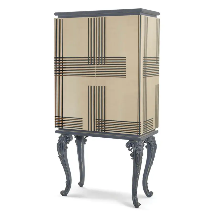 Lavish BelMondo by Bellotti Ezio bar cabinet crafted with maple, canaletto walnut and blue Bolivar inlays with glossy lacquer finish