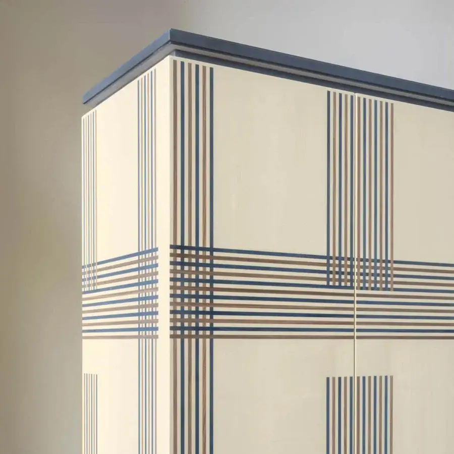 Exquisite BelMondo by Bellotti Ezio bar cabinet with maple, canaletto walnut and blue Bolivar inlays finished in glossy lacquer