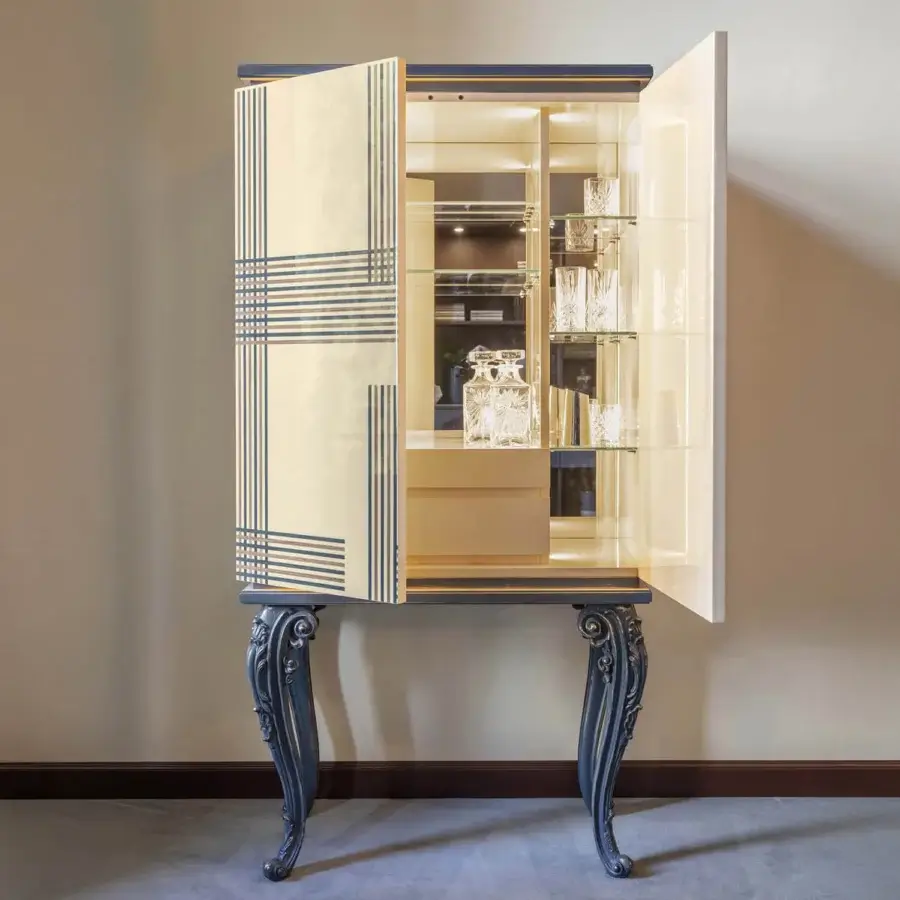 Distinguished BelMondo by Bellotti Ezio bar cabinet crafted with maple, canaletto walnut and blue Bolivar inlays in glossy lacquer