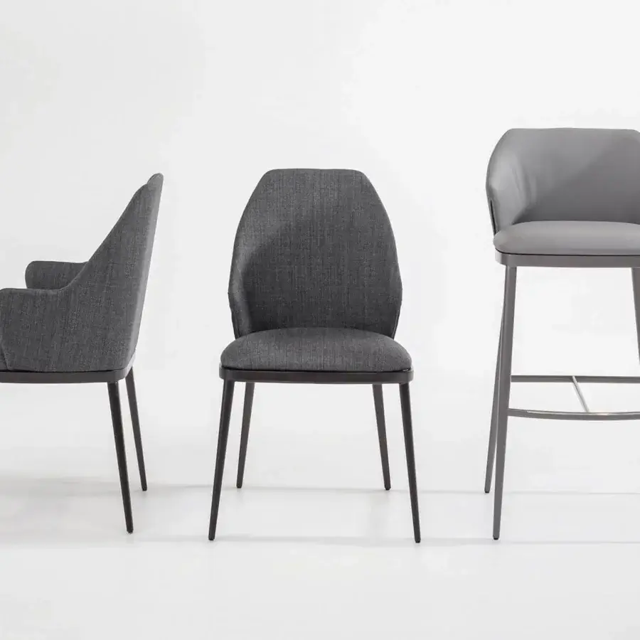 Sophisticated Bonaldo Mida armchair with soft gray textile upholstery and a sleek metal base with dark legs