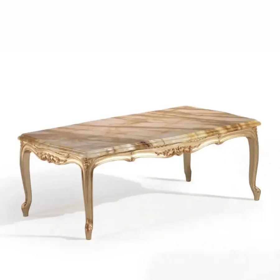 Lavish Armando Rho A1374 coffee table with luminous gold leaf and warm yellow marble top displays classic European design