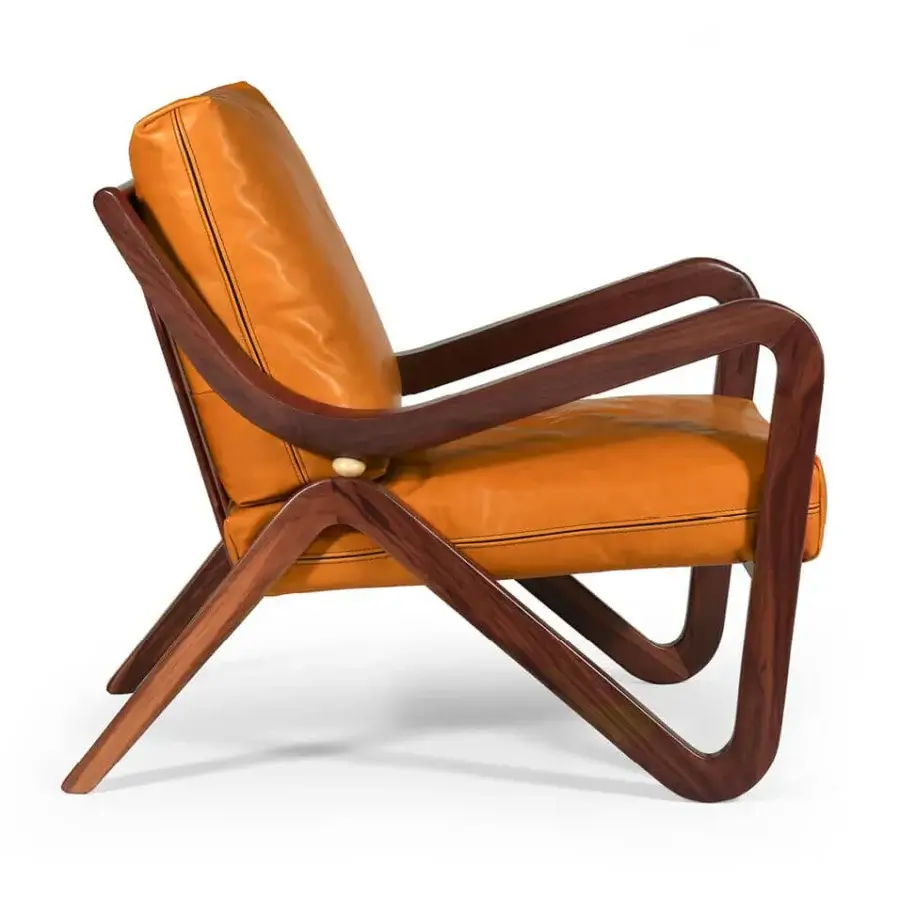 Distinctive Borzalino Taylor armchair with warm golden-yellow leather upholstery and natural canaletto walnut frame