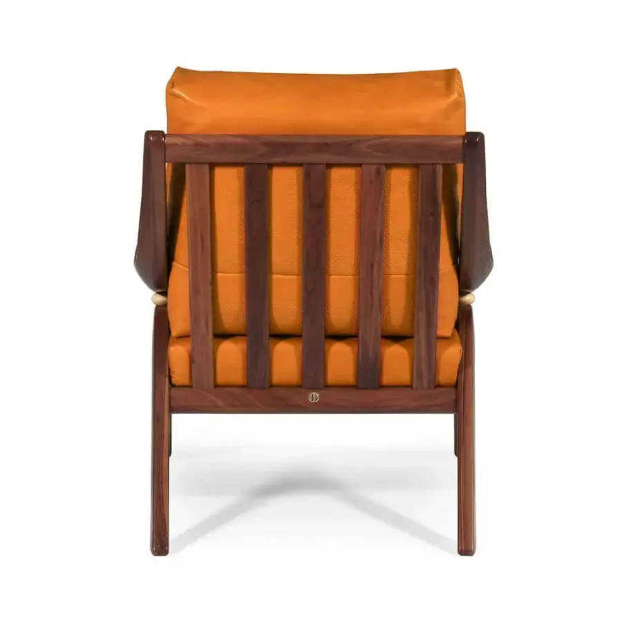 Superior Borzalino Taylor armchair with warm orange textile upholstery and lacquered canaletto walnut frame
