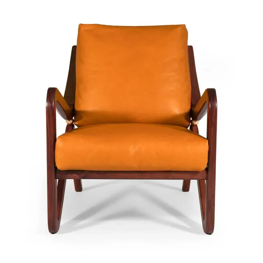 Elegant Borzalino Taylor armchair with vibrant orange textile upholstery and lacquered solid wood frame