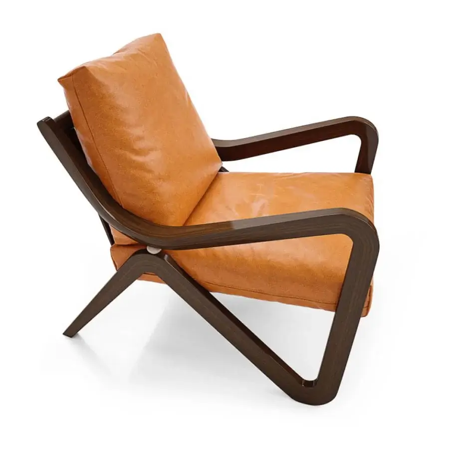 Meticulous Borzalino Taylor armchair with warm tan leather upholstery and natural canaletto walnut frame