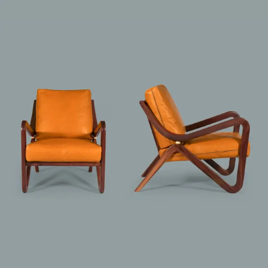 Exceptional Borzalino Taylor armchair crafted with vibrant orange leather upholstery and lacquered canaletto walnut finish