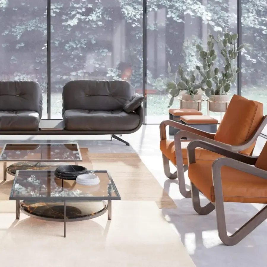Exceptional Borzalino Taylor armchair with reddish-brown textured textile upholstery and lacquered canaletto walnut frame crafted in Italy