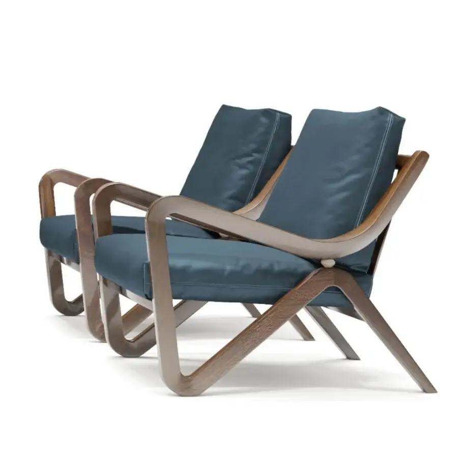 Refined Borzalino Taylor armchair with muted teal blue textile upholstery and hand-carved lacquered solid wood frame