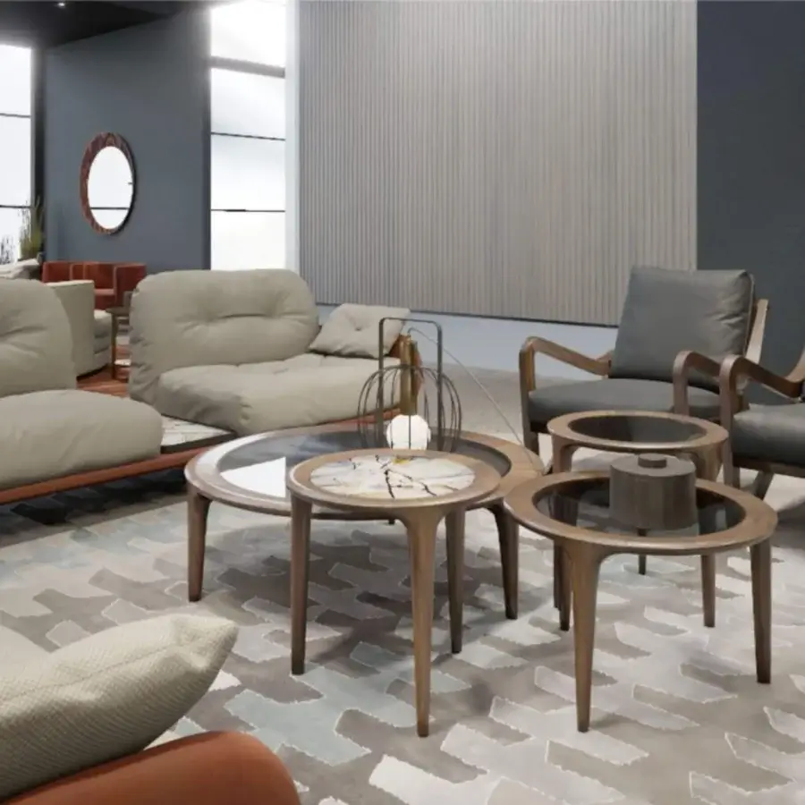 Superior Borzalino Taylor armchair with muted gray textile upholstery and lacquered canaletto walnut wood frame