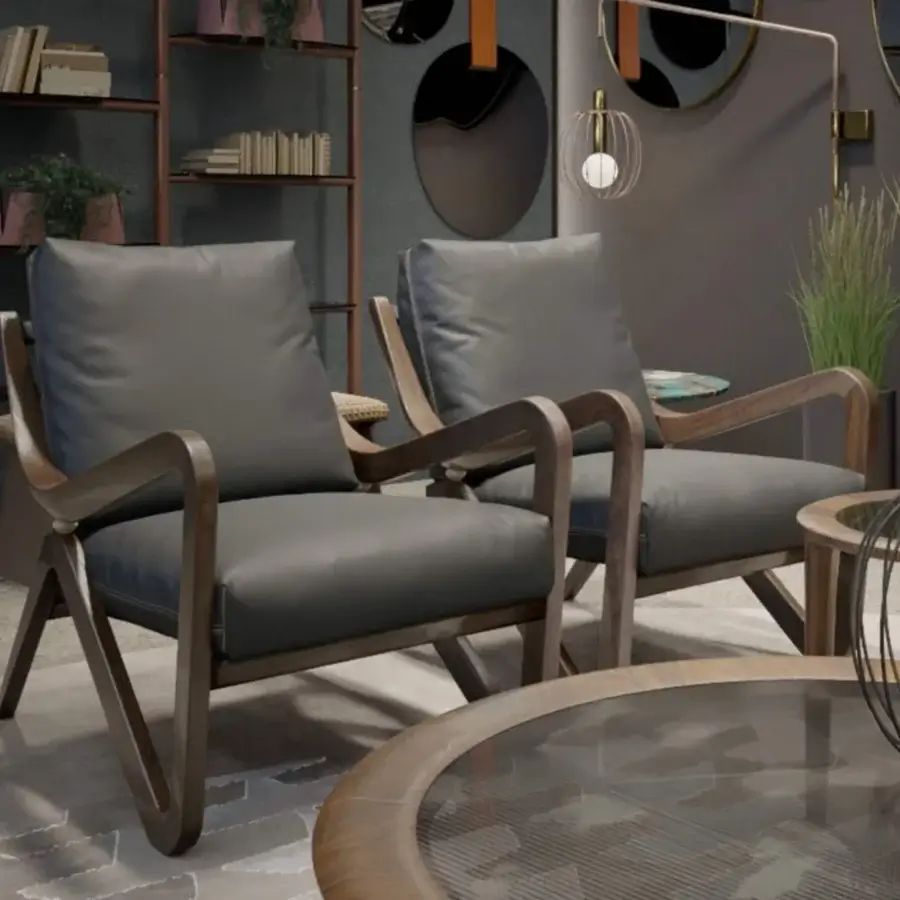 Exceptional Borzalino Taylor armchair with dark gray textile upholstery and lacquered canaletto walnut frame crafted in Italy