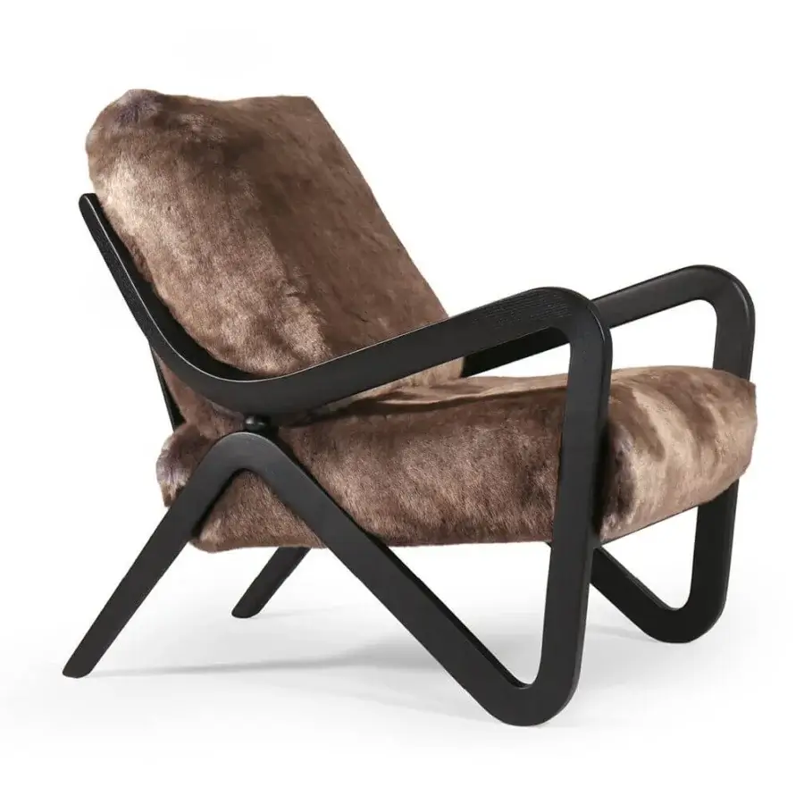 Distinguished Borzalino Taylor armchair with warm brown textile upholstery and lacquered solid wood frame