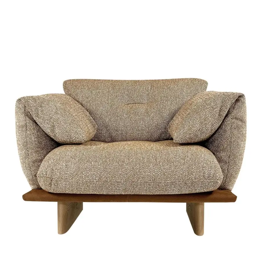 Superior Borzalino Connor lounge with warm beige textile upholstery and dark finished solid oak base