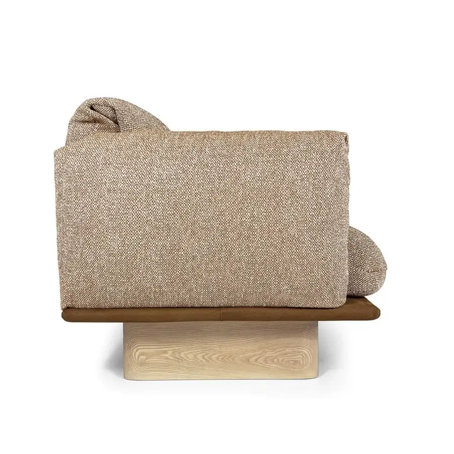 Distinguished Borzalino Connor lounge with neutral beige textured textile upholstery and satin finished oak base