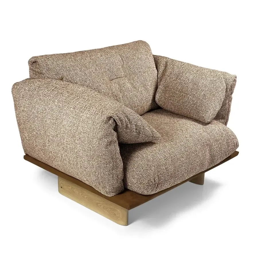Exceptional Borzalino Connor lounge with earthy brown woven textile upholstery and smooth satin finished oak base