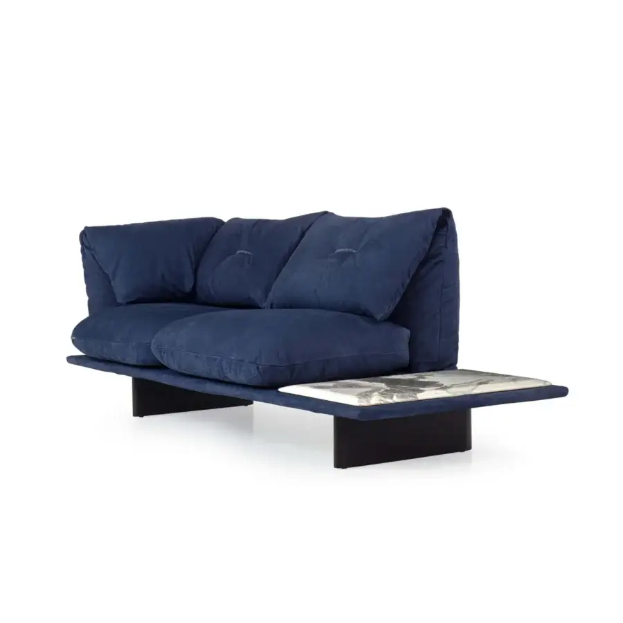 Architectural Borzalino Connor sofa with deep blue velvet upholstery and built-in marble side table crafted in Italy
