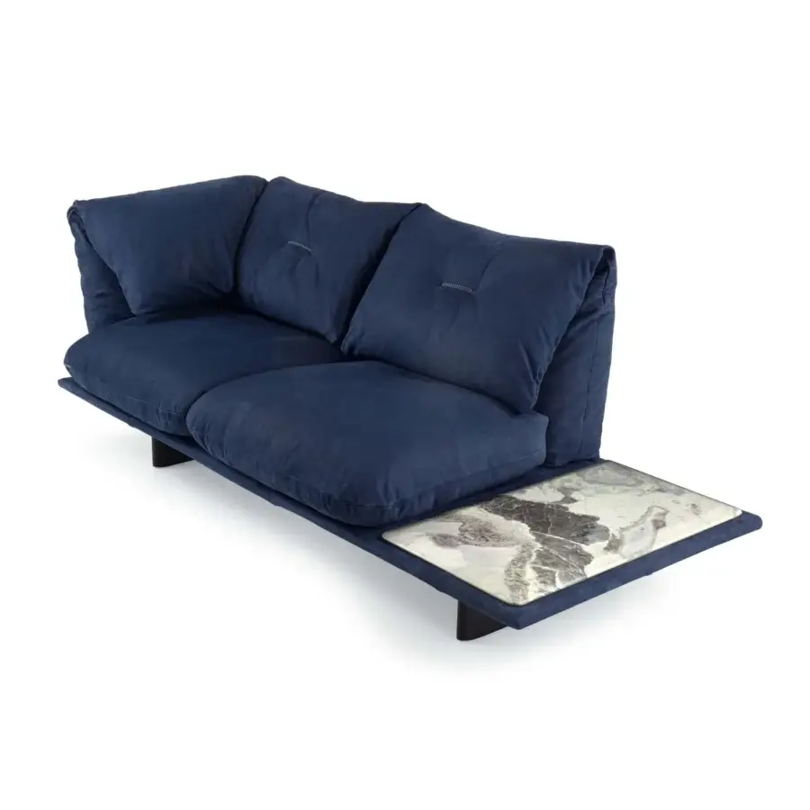 Distinguished Borzalino Connor sofa with navy textile upholstery, tubular metal structure and cool marble tabletop crafted in Italy