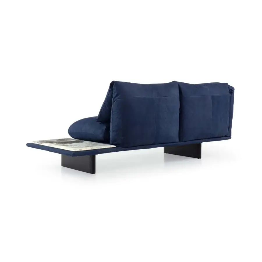Exceptional Borzalino Connor sofa with dark blue textured textile upholstery, channeled down feather quilting and solid oak base