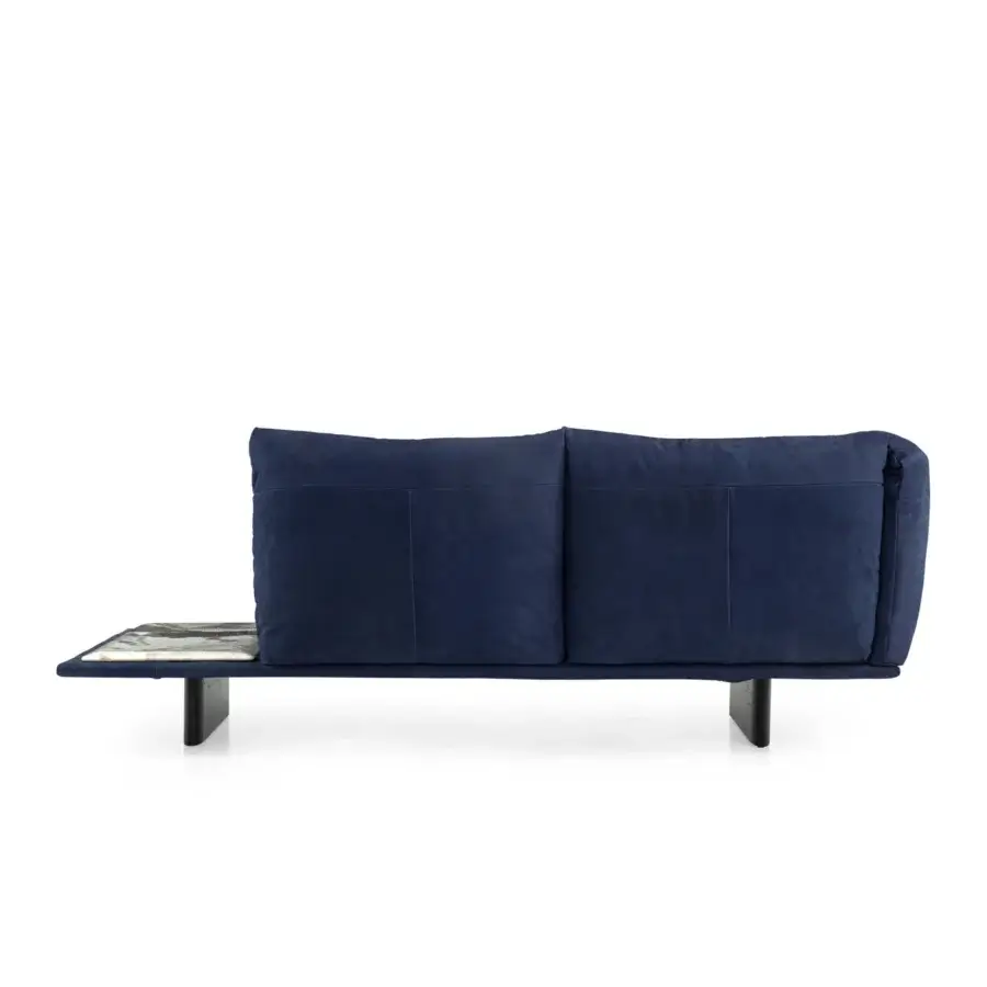 Sophisticated Borzalino Connor sofa with deep blue woven textile upholstery, solid oak base and marble table