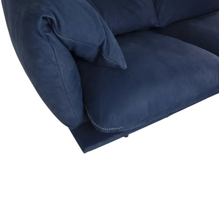 Lavish Borzalino Connor sofa with navy textile upholstery, leather base and tubular metal built with solid oak legs