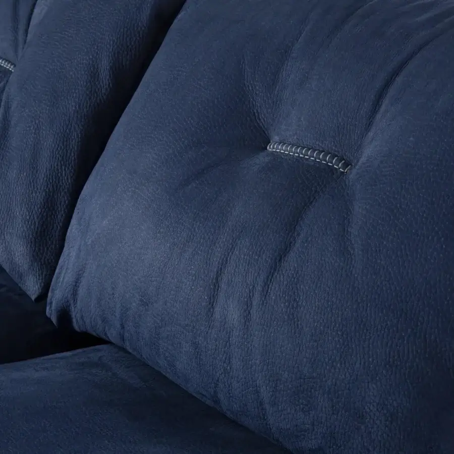 Distinguished Borzalino Connor sofa with deep navy textile upholstery, leather base and solid oak legs